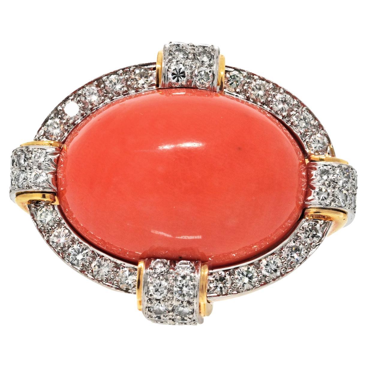 David Webb 18K Yellow Gold, Coral and Diamond Cocktail Ring