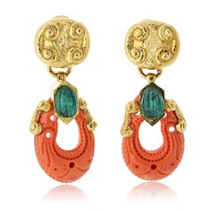 David Webb 18K Yellow Gold Coral And Emerald Drop Clip Earrings