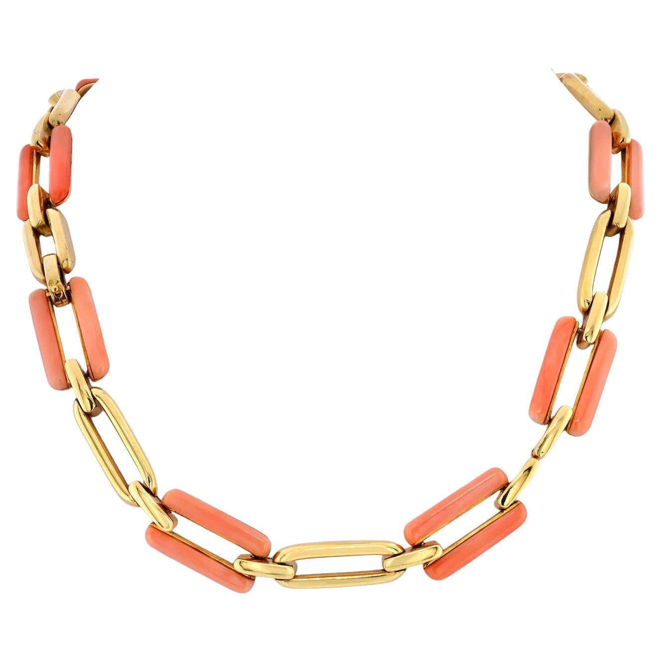 David Webb 18K Yellow Gold Coral and Gold Link Convertible Necklace For Sale