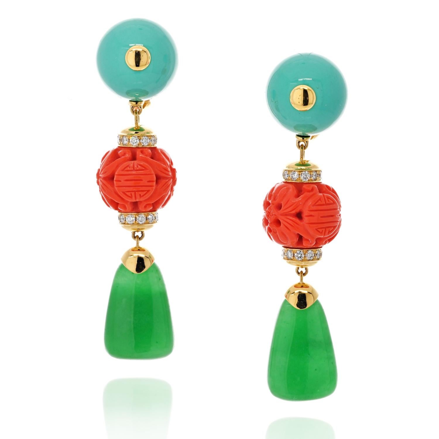 David Webb 18k yellow gold earrings or clip earrings having turquoise, coral jade and brilliant diamond accents.
Beautiful early chinoiserie pieces made between the 1950's and the 1960's by David Webb. His atelier boutique was located in New York