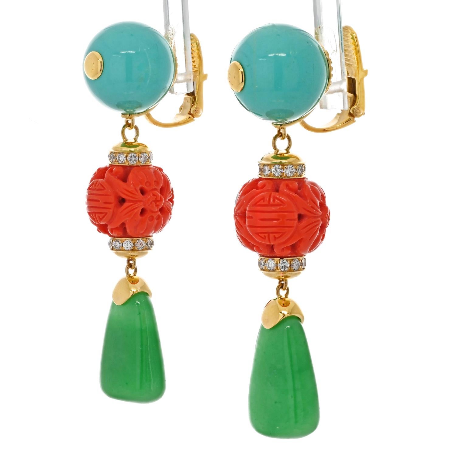 Modern David Webb 18K Yellow Gold Coral and Green Jade, Turquoise Dangling Earrings