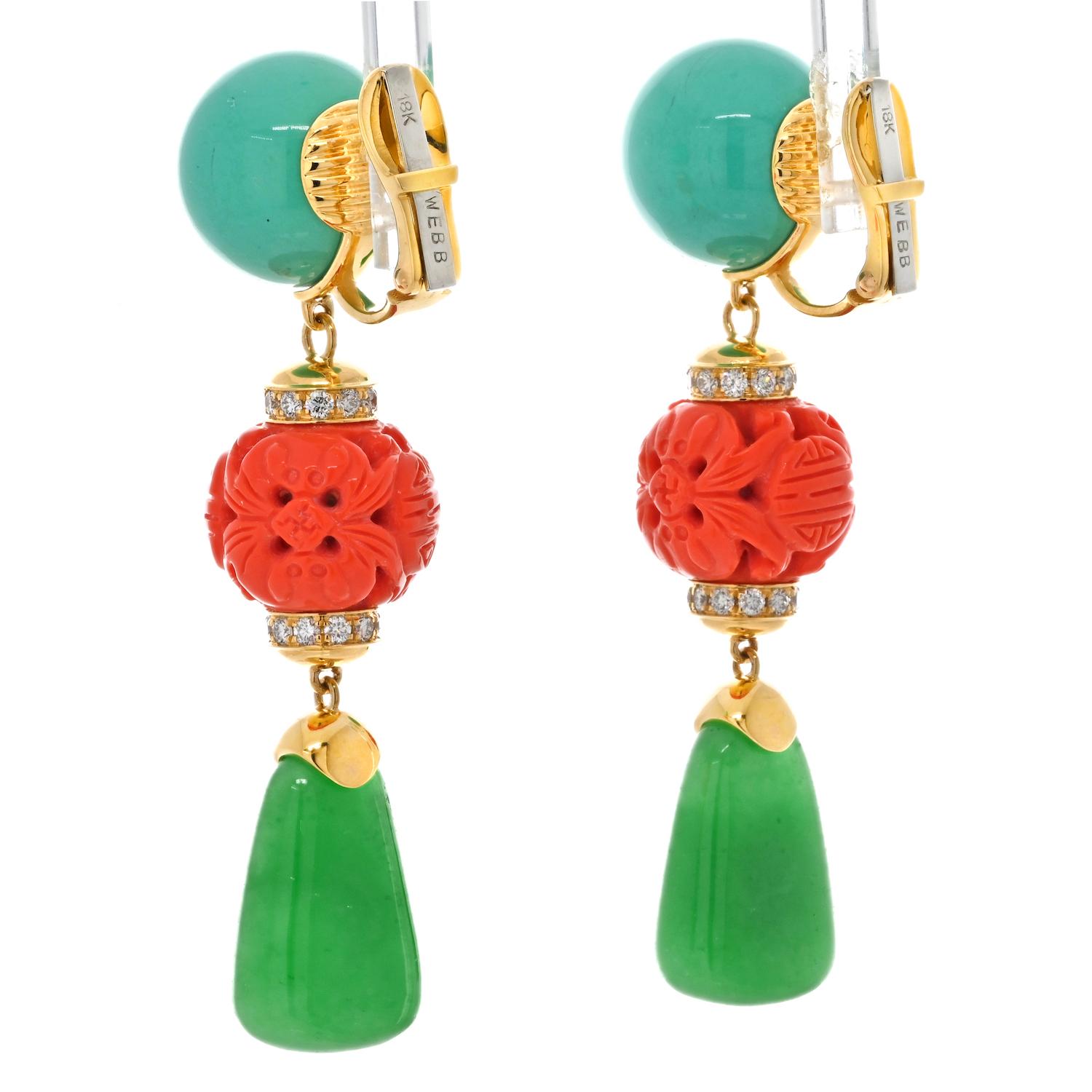 Round Cut David Webb 18K Yellow Gold Coral and Green Jade, Turquoise Dangling Earrings