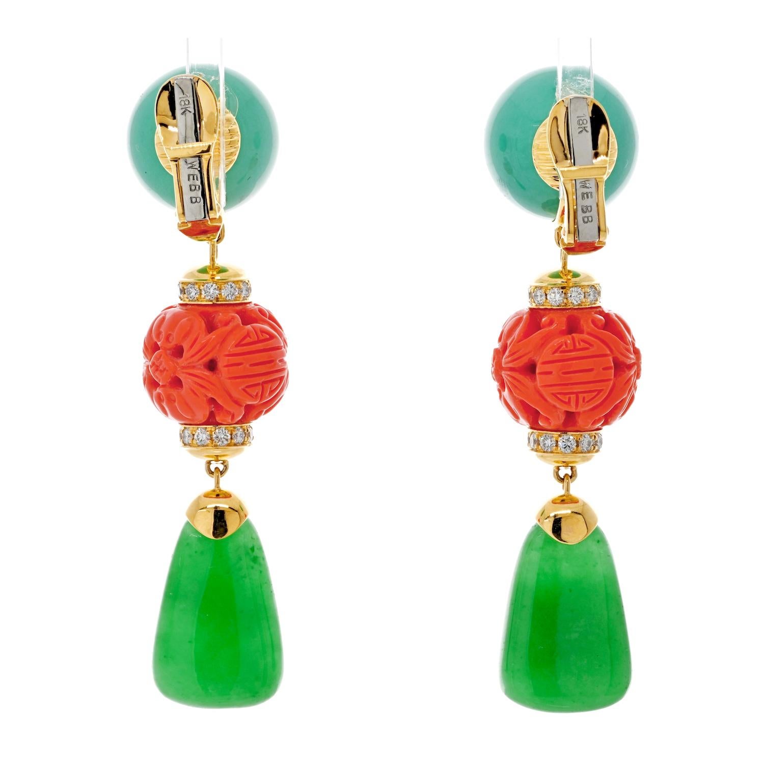 David Webb 18K Yellow Gold Coral and Green Jade, Turquoise Dangling Earrings In Excellent Condition In New York, NY