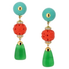 David Webb 18K Yellow Gold Coral and Green Jade, Turquoise Dangling Earrings