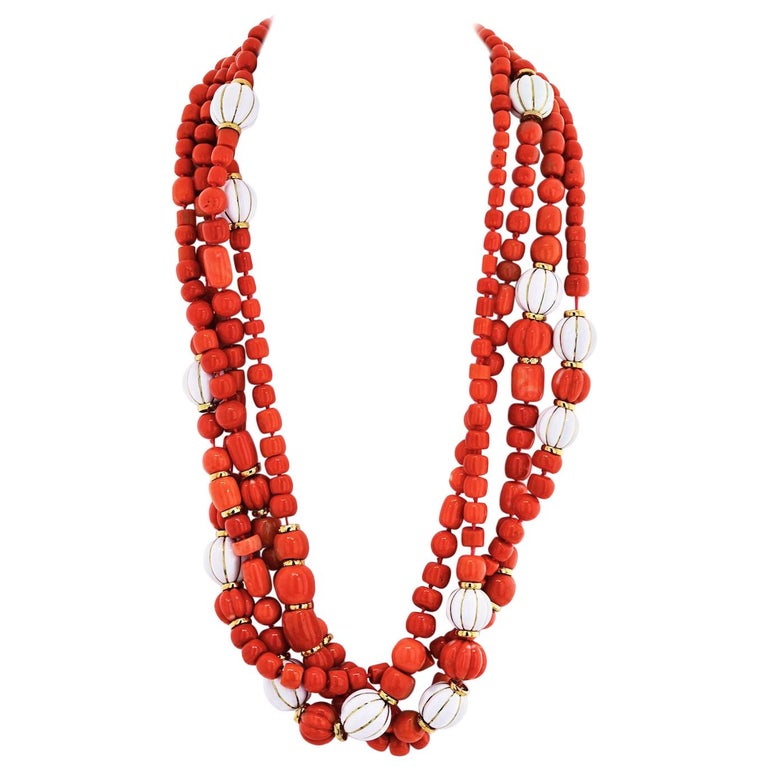 David Webb 18-Karat Yellow Gold, Coral and White Enamel Multistrand Necklace, 1970s