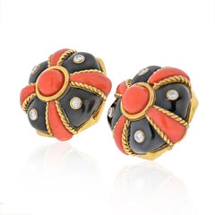 David Webb 18K Yellow Gold Coral, Black Enamel and Diamond Bombe Earrings