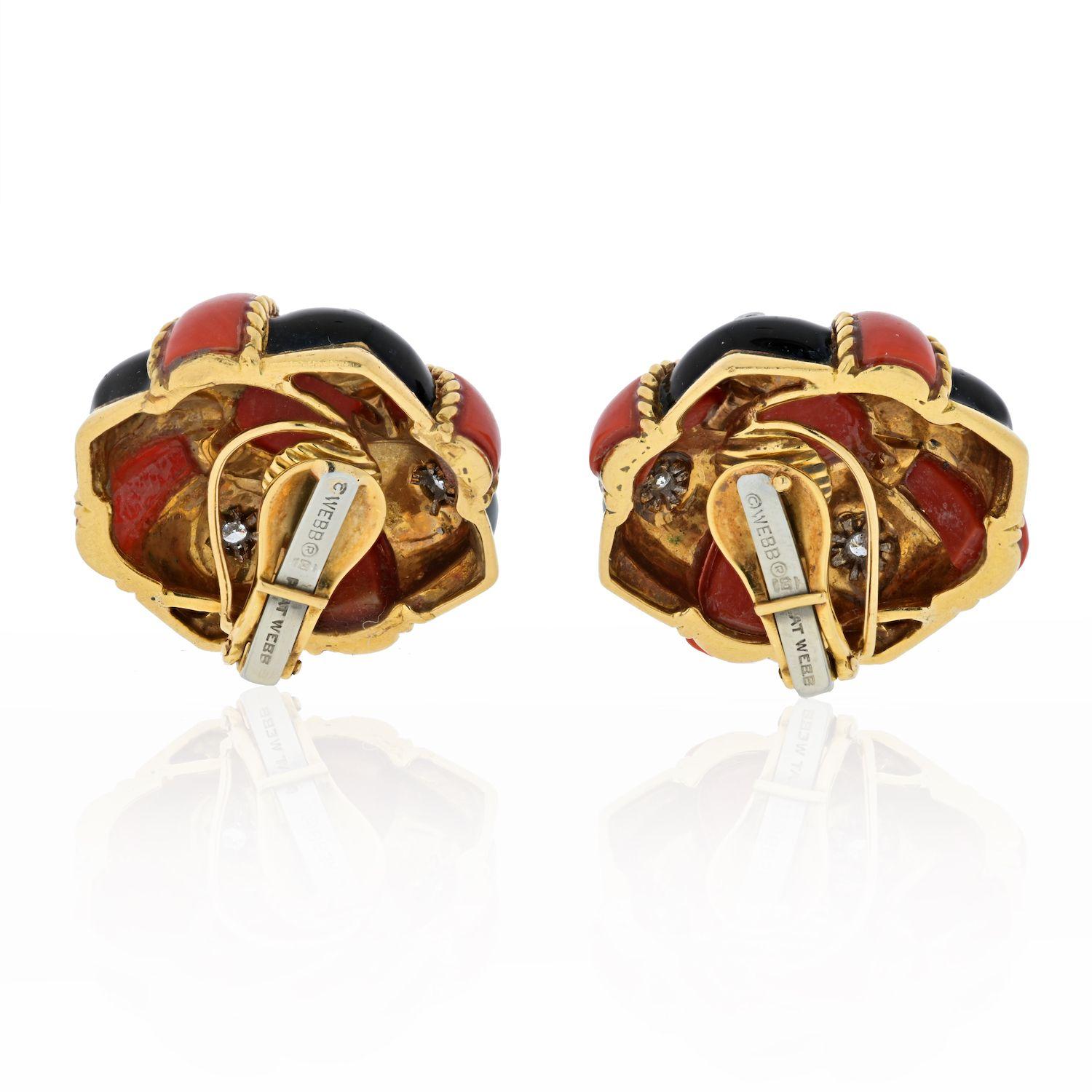 Cabochon David Webb 18K Yellow Gold Coral, Black Enamel and Diamond Bombe Earrings For Sale