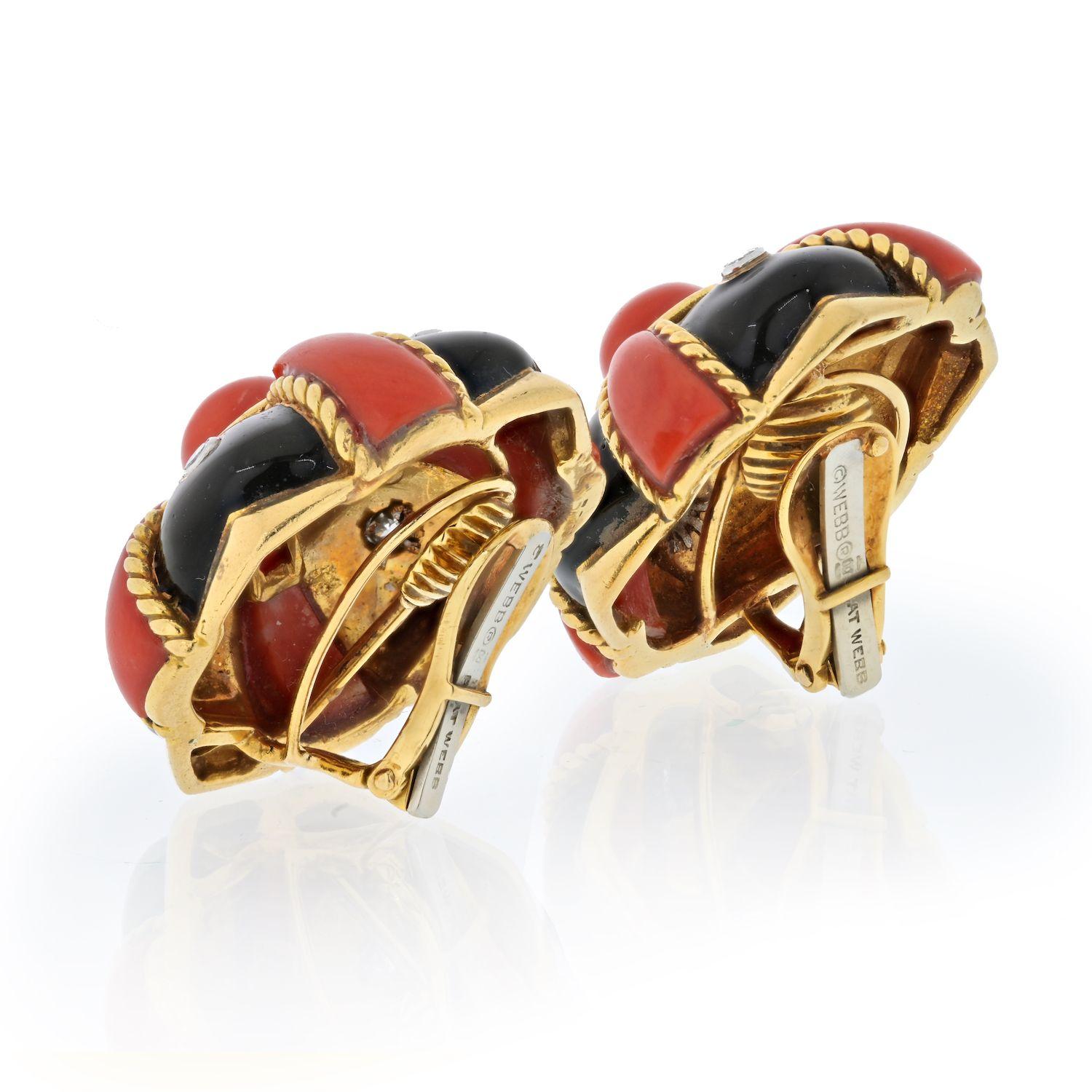 David Webb 18K Yellow Gold Coral, Black Enamel and Diamond Bombe Earrings In Excellent Condition For Sale In New York, NY