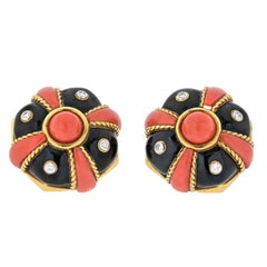 Vintage David Webb 18K Yellow Gold Coral, Black Enamel and Diamond Bombe Earrings