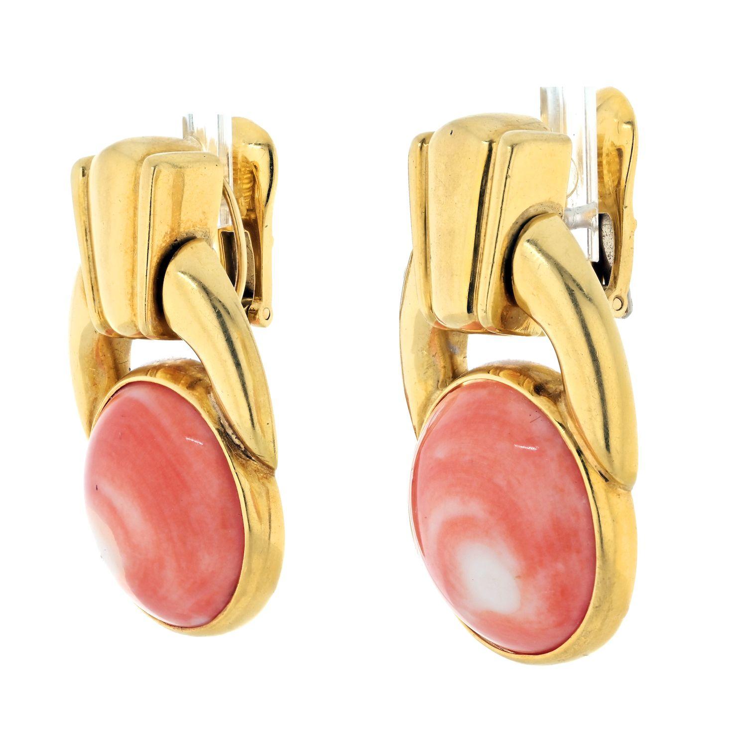 Round Cut David Webb 18K Yellow Gold Coral Button Doorknockers Earrings For Sale