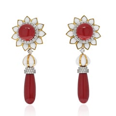 David Webb 18K Yellow Gold Coral, Diamond And White Enamel Earrings