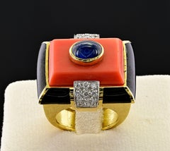 DAVID WEBB 18k Yellow Gold, Coral, Enamel, Diamond & Sapphire Cocktail Ring 1970