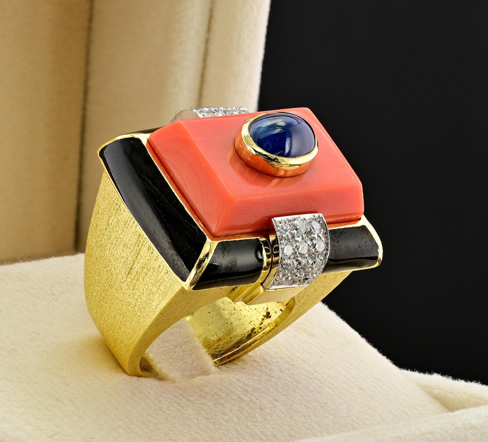 Round Cut DAVID WEBB 18k Yellow Gold, Coral, Enamel, Diamond & Sapphire Cocktail Ring 1970 For Sale