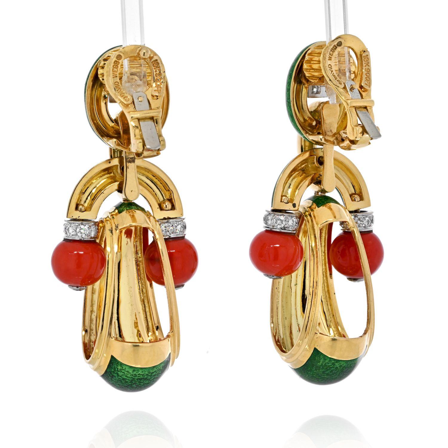 Very fun and unique these David Webb coral, green enamel and diamond earrings are what David Webb is known for: color, combination of various materials, and bold statements. 
These clip on earrings are very secure and stay very well on the ear