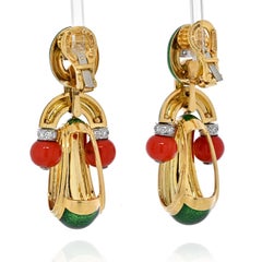 David Webb 18k Yellow Gold Coral, Green Enamel and Diamond Door Knocker Earrings