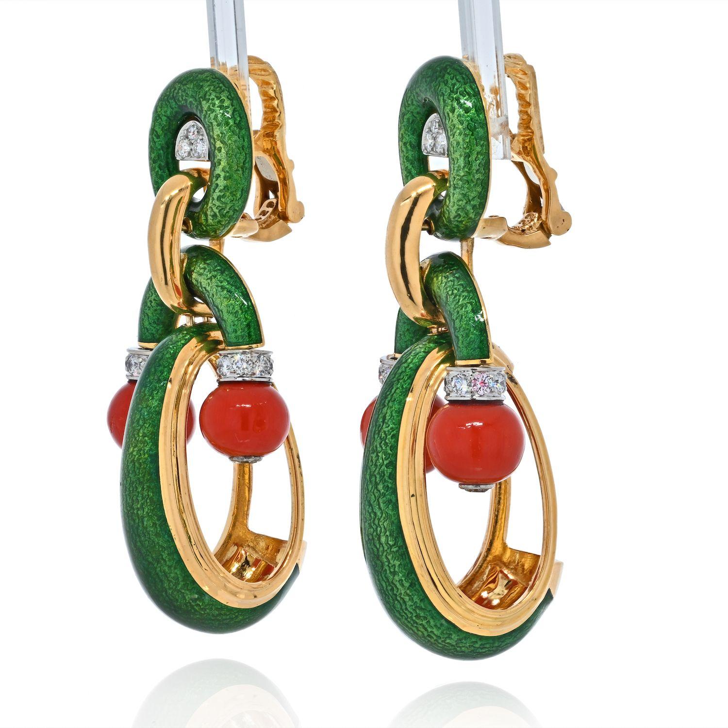 Modern David Webb 18k Yellow Gold Coral, Green Enamel and Diamond Door Knocker Earrings For Sale