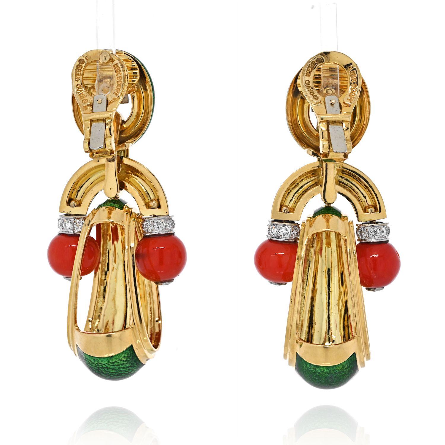 David Webb 18k Yellow Gold Coral, Green Enamel and Diamond Door Knocker Earrings In Excellent Condition For Sale In New York, NY