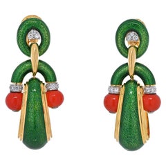 David Webb 18k Yellow Gold Coral, Green Enamel and Diamond Door Knocker Earrings