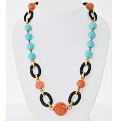 David Webb 18K Yellow Gold Coral, Onyx, Turquoise Necklace