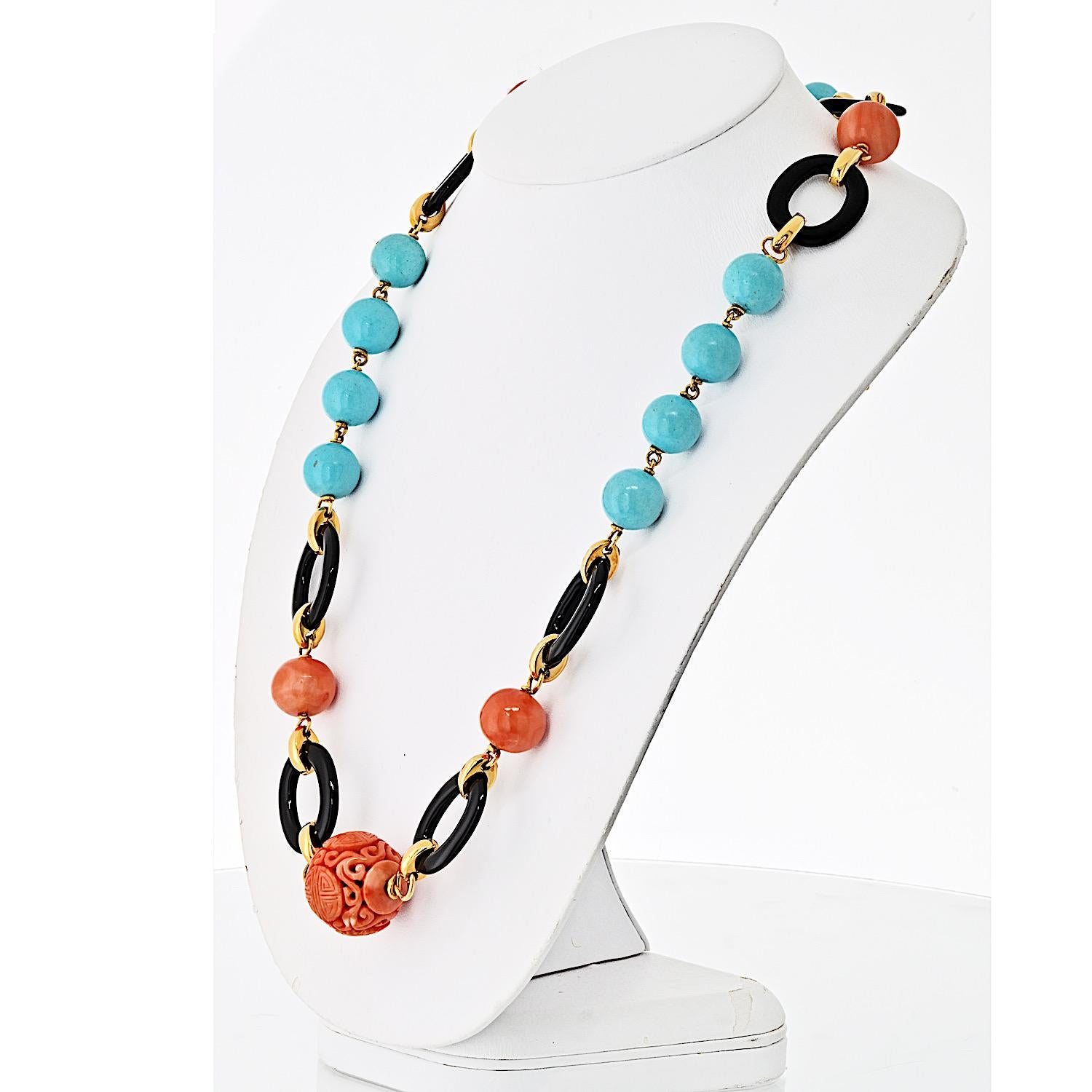Moderno David Webb Collana in oro giallo 18 carati con corallo, onice e turchese in vendita