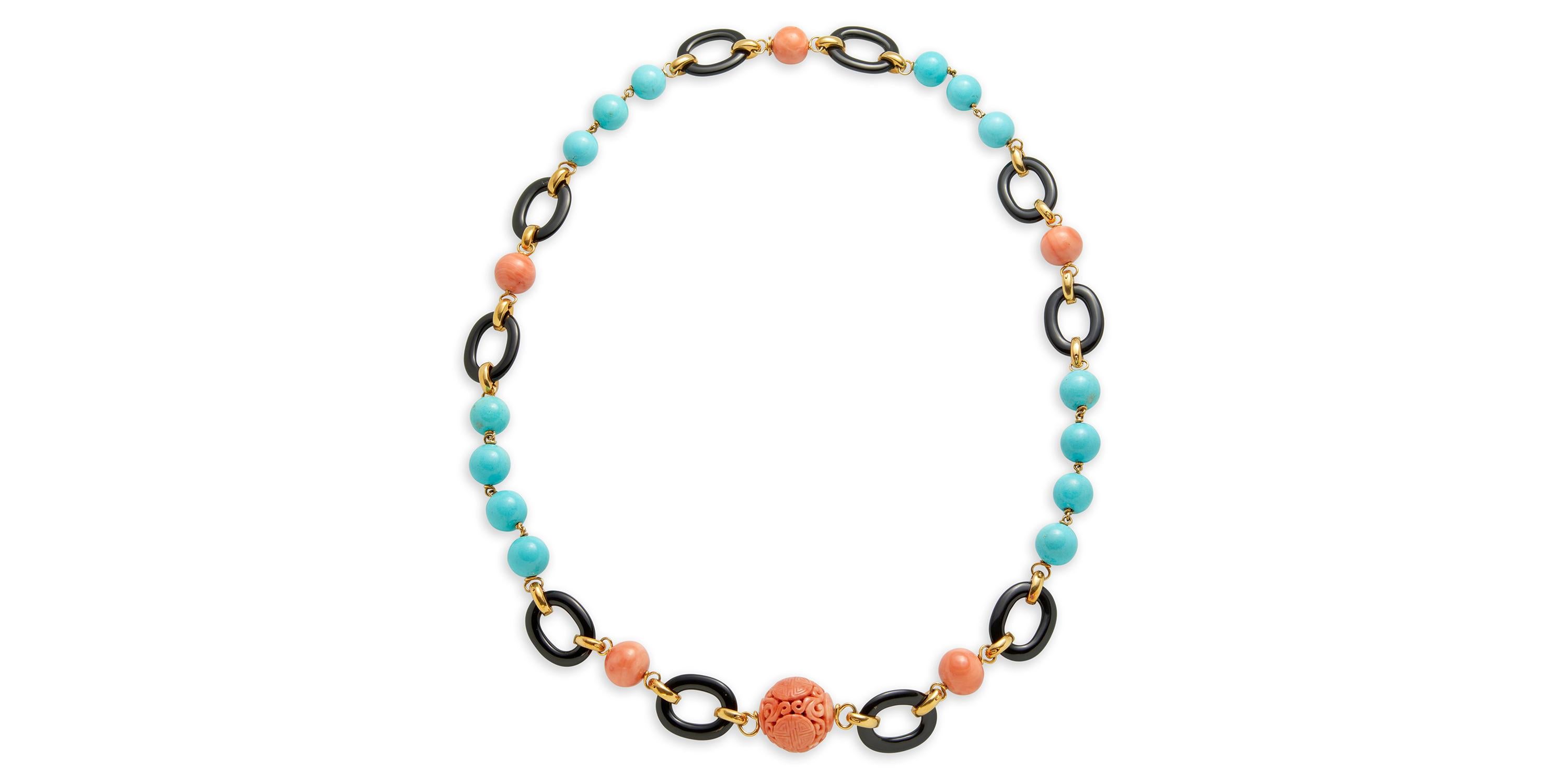 Donna David Webb Collana in oro giallo 18 carati con corallo, onice e turchese in vendita