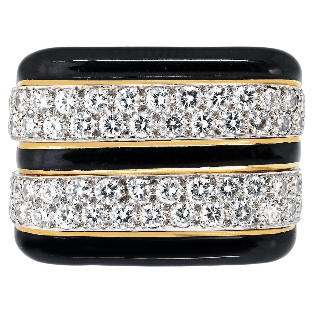 David Webb 18K Yellow Gold Diamond And Black Enamel Ring