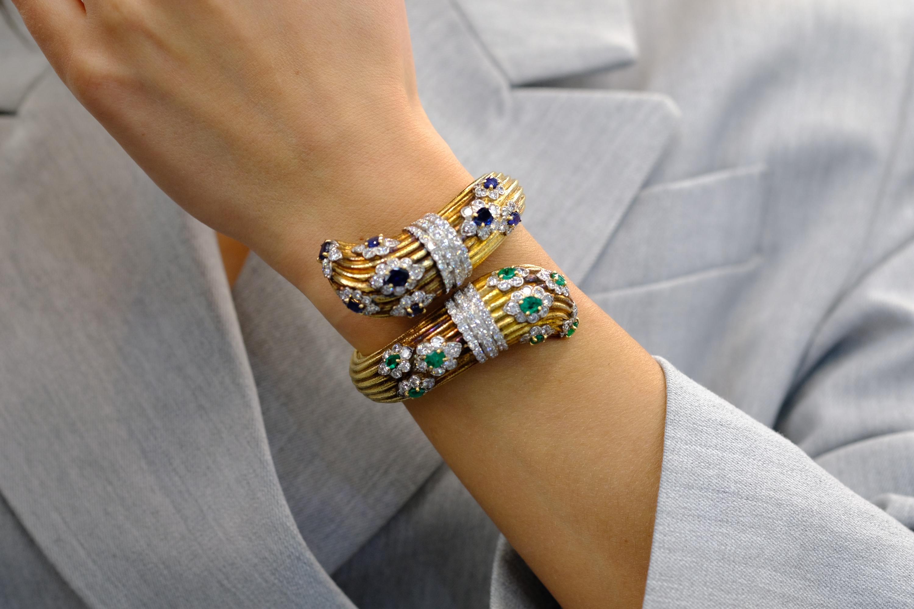 David Webb, bracelet croisé en or jaune 18 carats avec diamants et pierres précieuses en vente 6