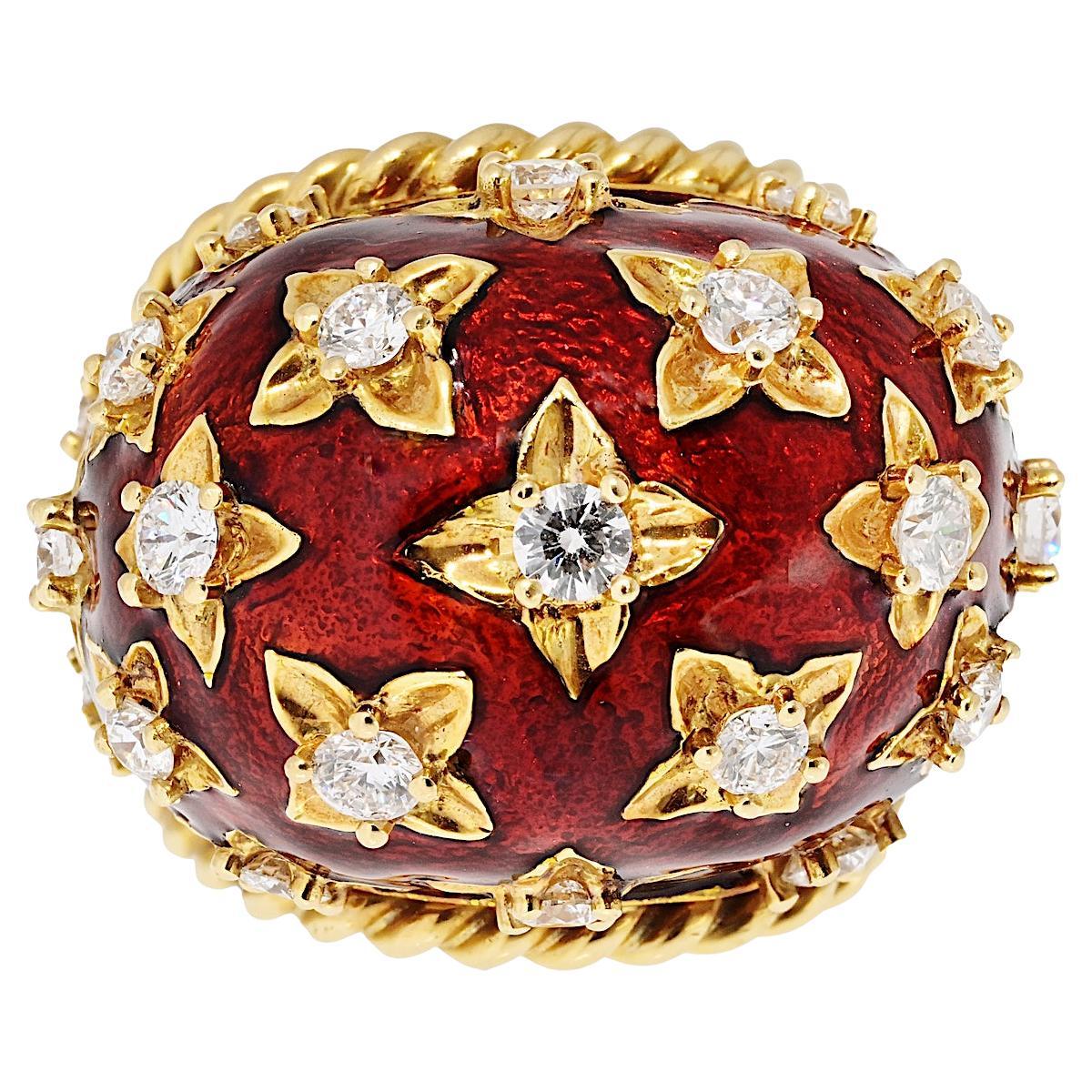 David Webb 18K Yellow Gold Diamond And Red Enamel Ring