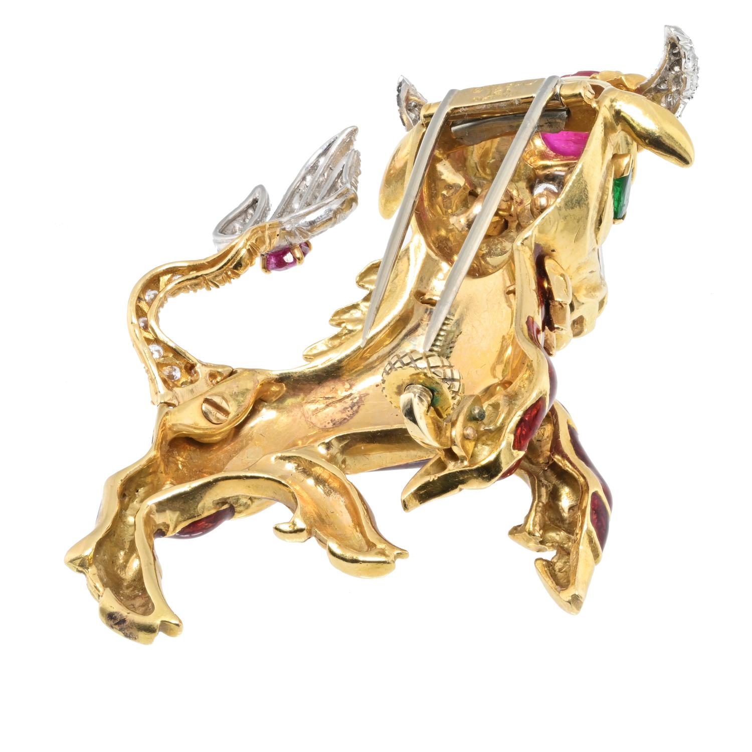 Round Cut David Webb 18K Yellow Gold Diamond And Ruby Taurus Bull Brooch For Sale