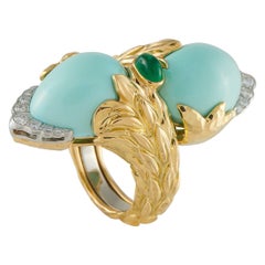 David Webb 18K Yellow Gold Diamond and Turquoise Ring DW03-072325