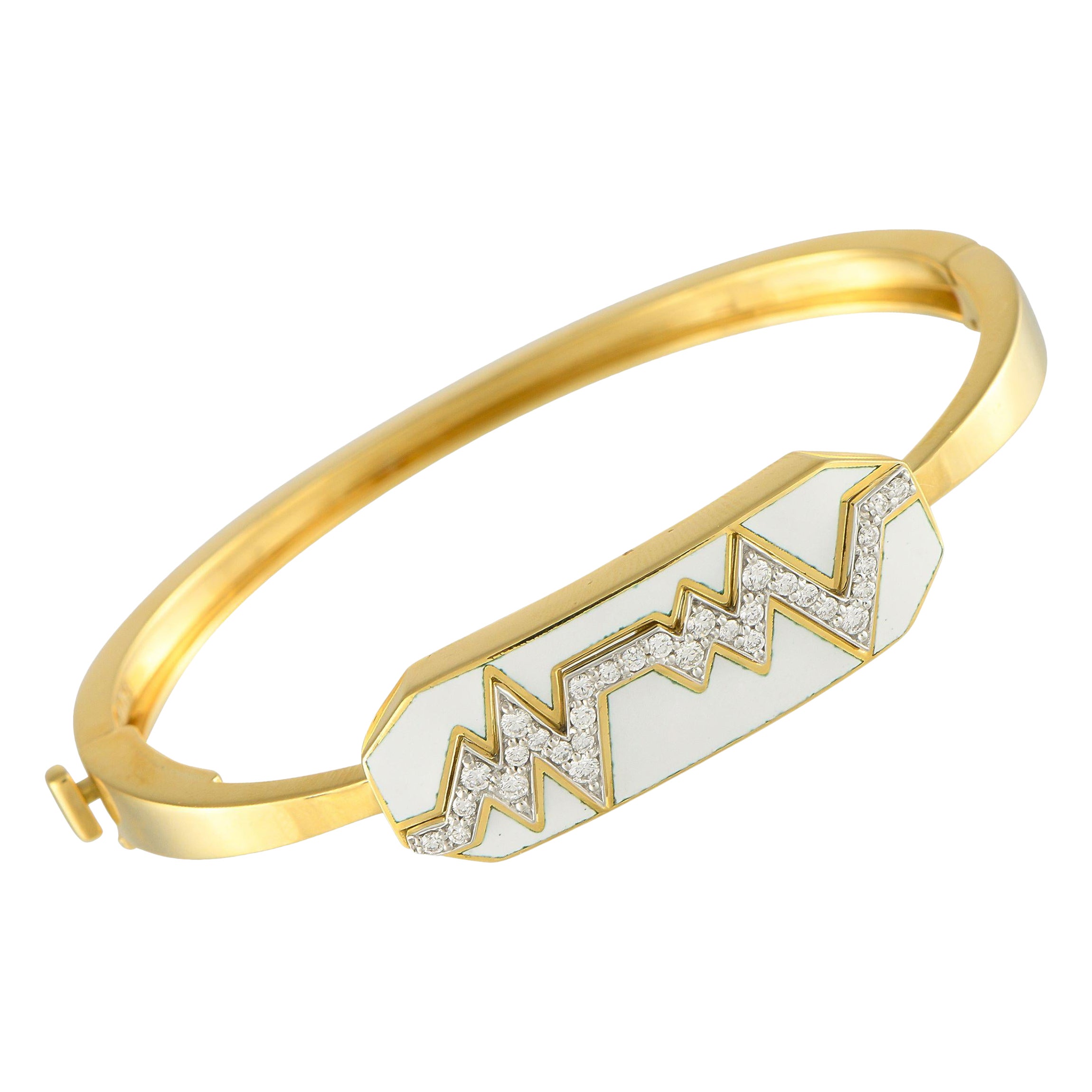 David Webb 18K Yellow Gold Diamond and White Enamel Skip Bracelet