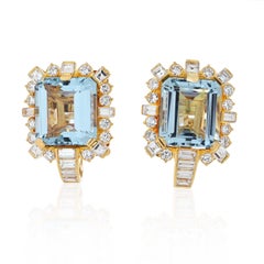 David Webb 18K Yellow Gold Diamond & Aquamarine Square Shaped Earrings