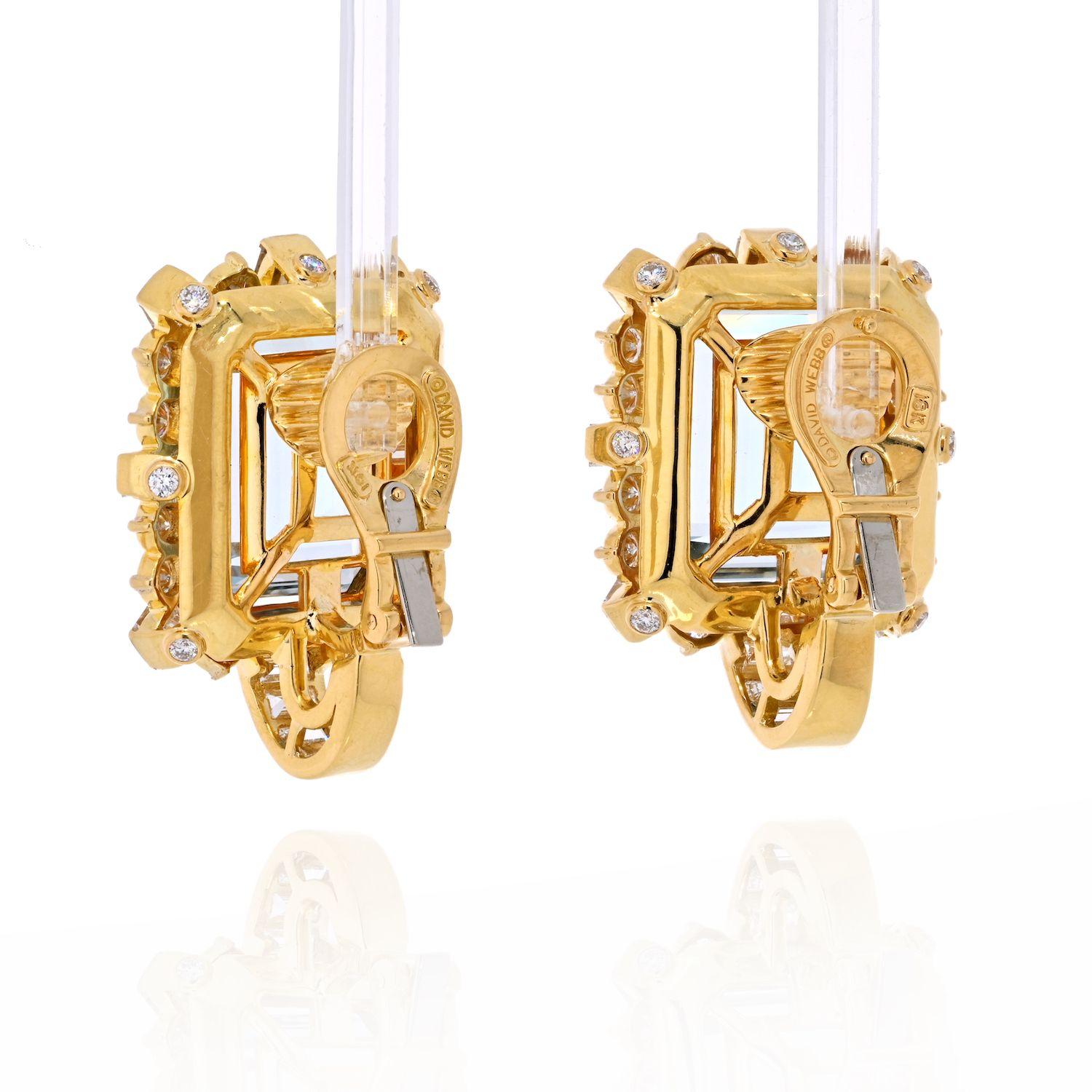 Modern David Webb 18K Yellow Gold Diamond & Aquamarine Square Shaped Earrings For Sale