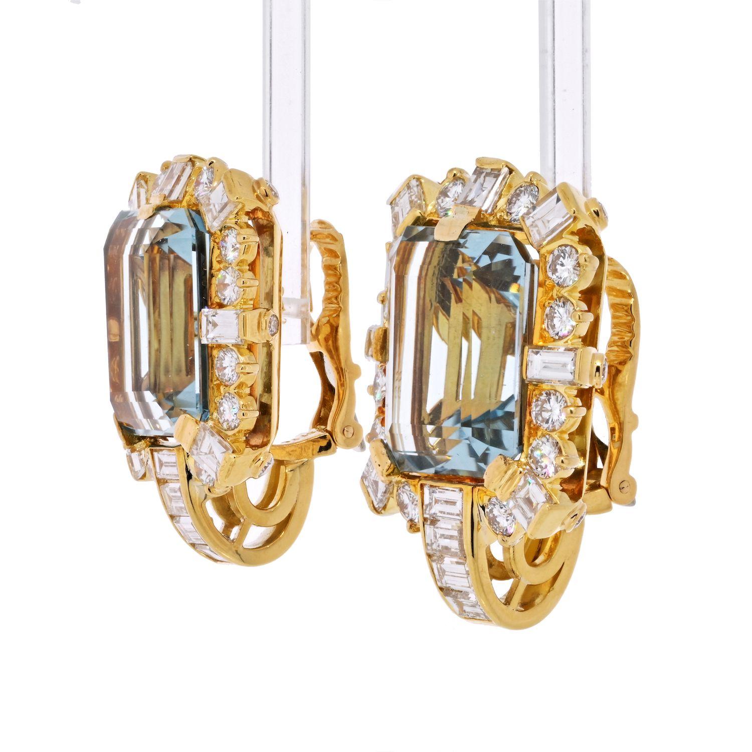 Baguette Cut David Webb 18K Yellow Gold Diamond & Aquamarine Square Shaped Earrings For Sale