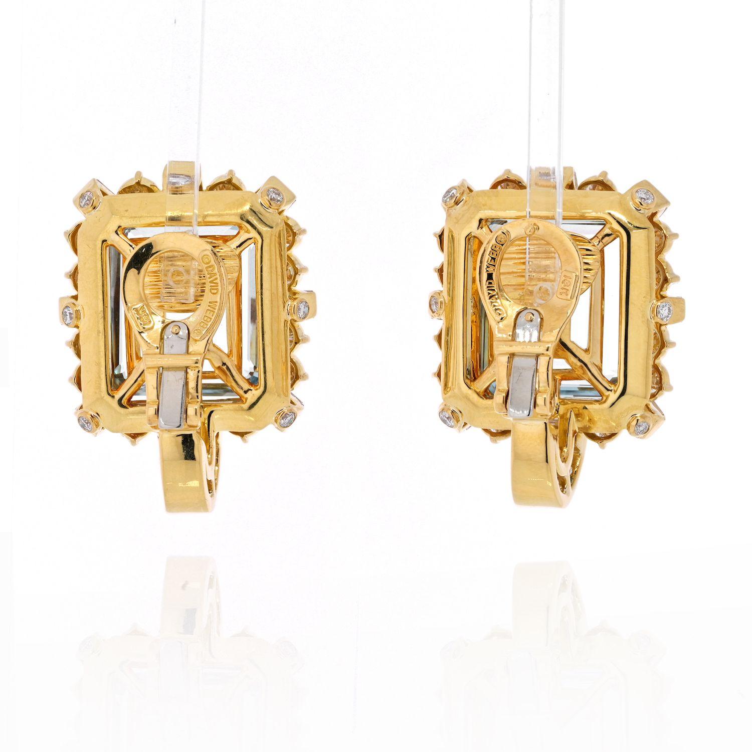 David Webb 18K Yellow Gold Diamond & Aquamarine Square Shaped Earrings In Excellent Condition For Sale In New York, NY