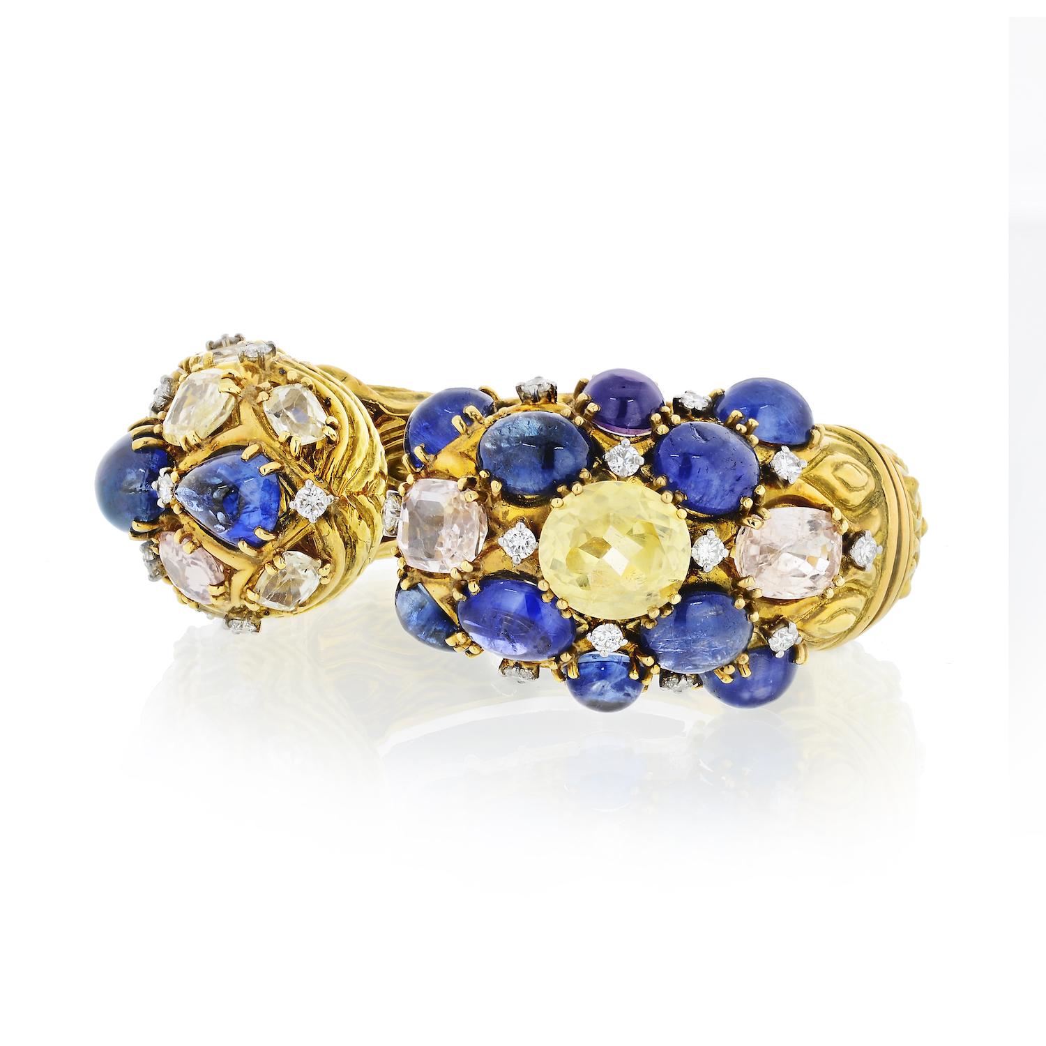 Oval Cut David Webb 18 Karat Yellow Gold Diamond, Colored Sapphire Bracelet