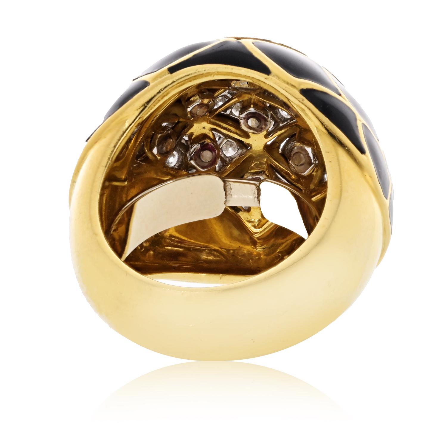 David Webb 18K Yellow Gold Diamond Dome Enamel Ring In Excellent Condition For Sale In New York, NY
