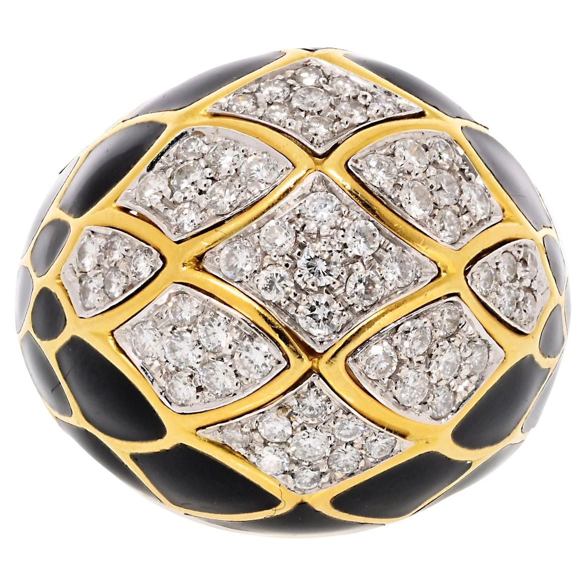 David Webb 18K Yellow Gold Diamond Dome Enamel Ring
