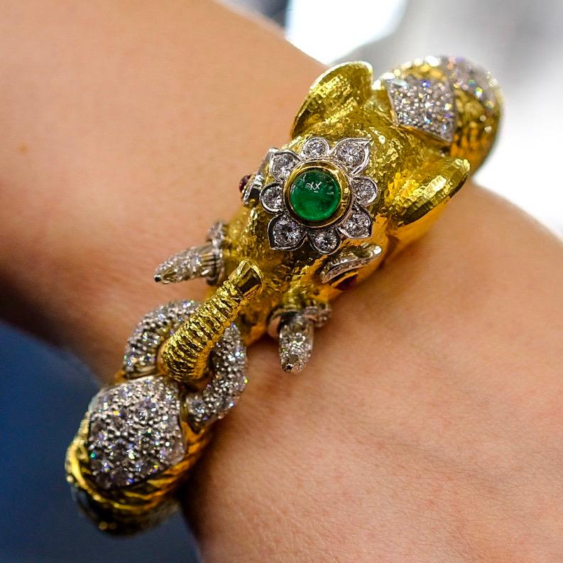 David Webb 18K Yellow Gold Diamond, Emerald Elephant Bracelet 5