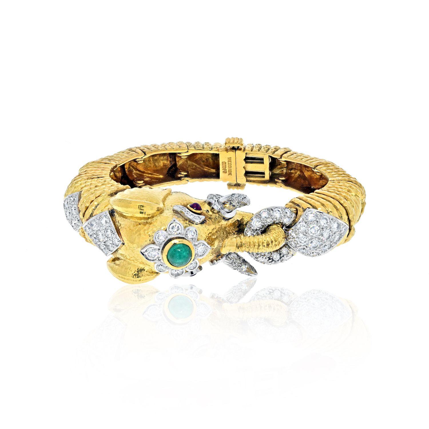 Women's David Webb 18K Yellow Gold Diamond, Emerald Elephant Bracelet