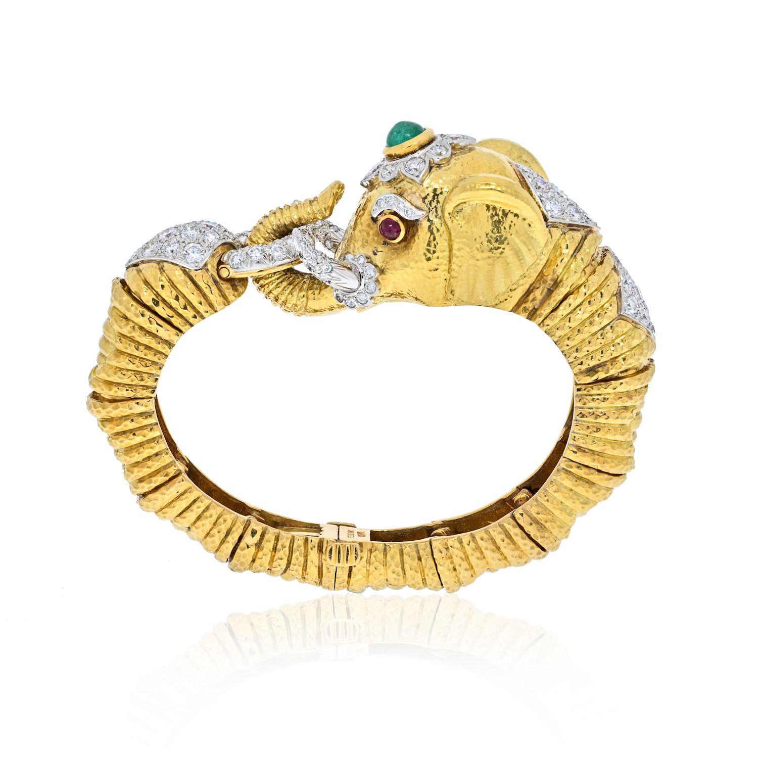 David Webb 18K Yellow Gold Diamond, Emerald Elephant Bracelet 1