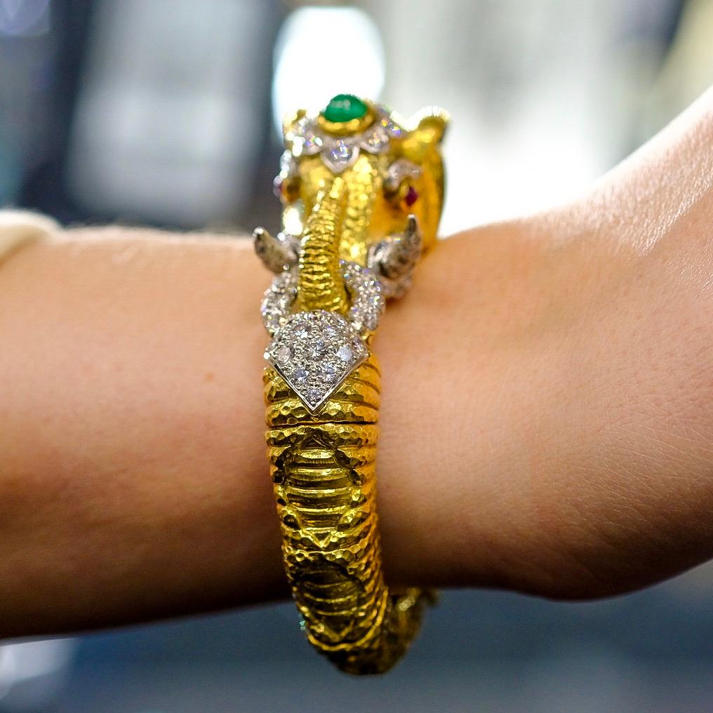 David Webb 18K Yellow Gold Diamond, Emerald Elephant Bracelet 2