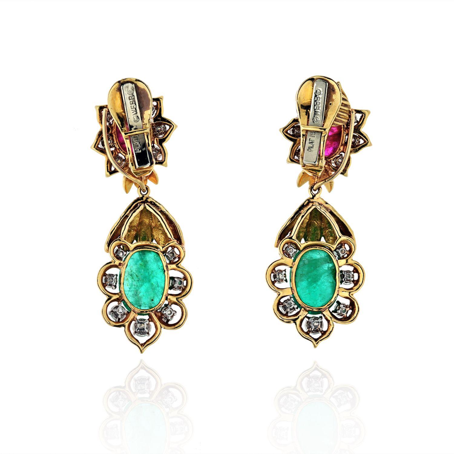 Modern David Webb 18 Karat Yellow Gold Diamond, Emerald and Ruby Earrings