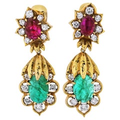 David Webb 18 Karat Yellow Gold Diamond, Emerald and Ruby Earrings