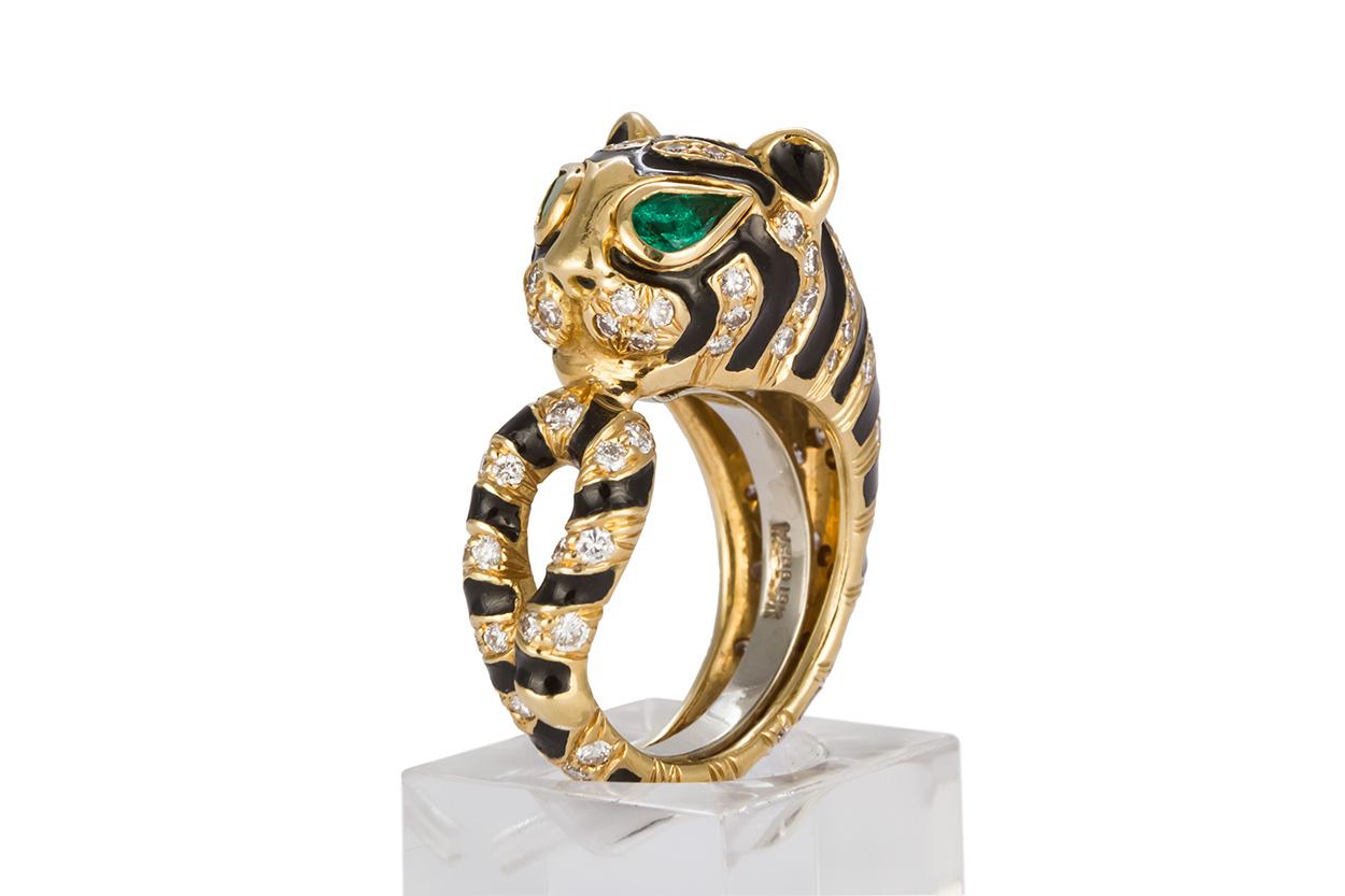 David Webb 18 Karat Yellow Gold Diamond and Emerald Tiger Ring at 1stDibs