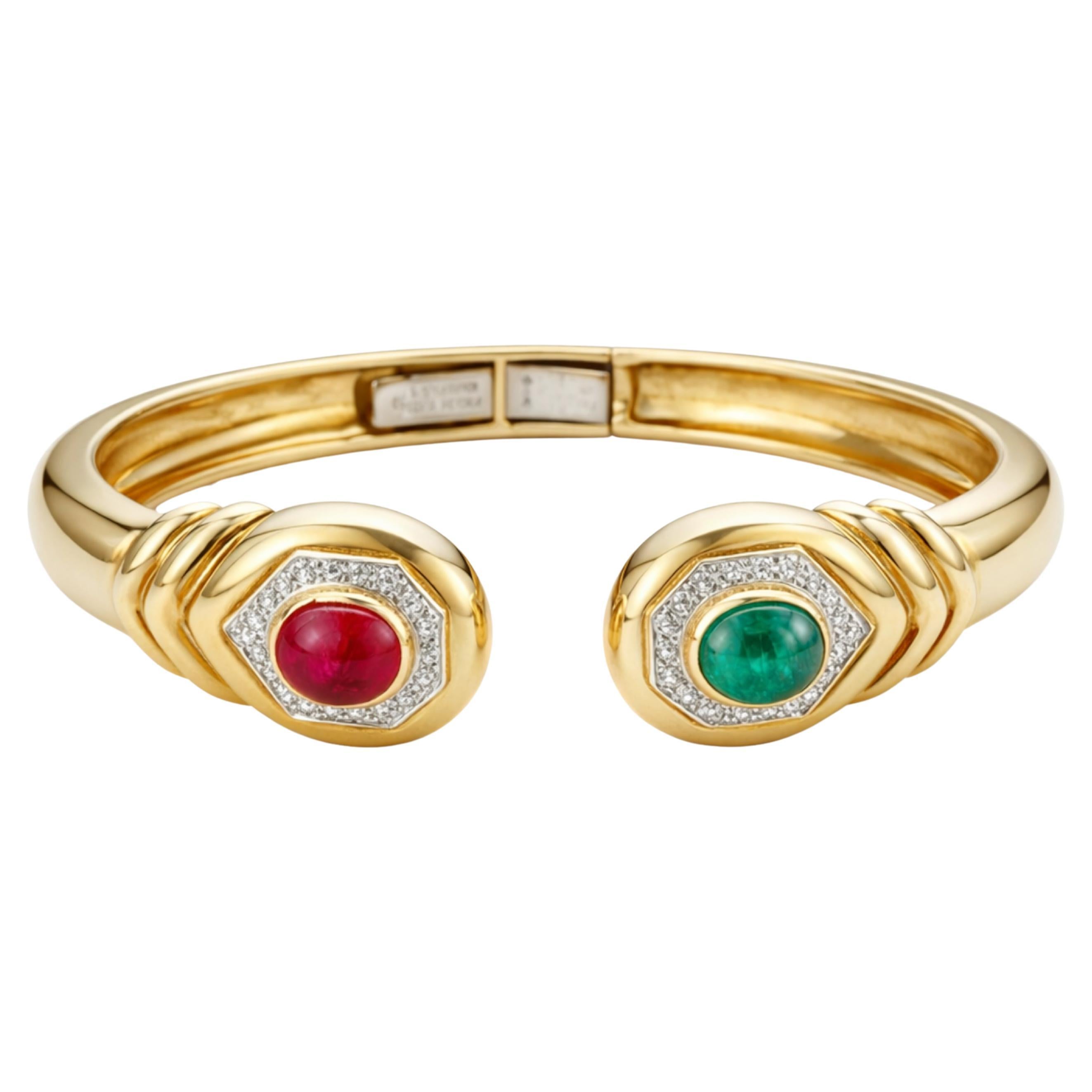 David Webb 18K Yellow Gold Diamond Ruby and Emerald Cuff Bracelet 1.20 Carats