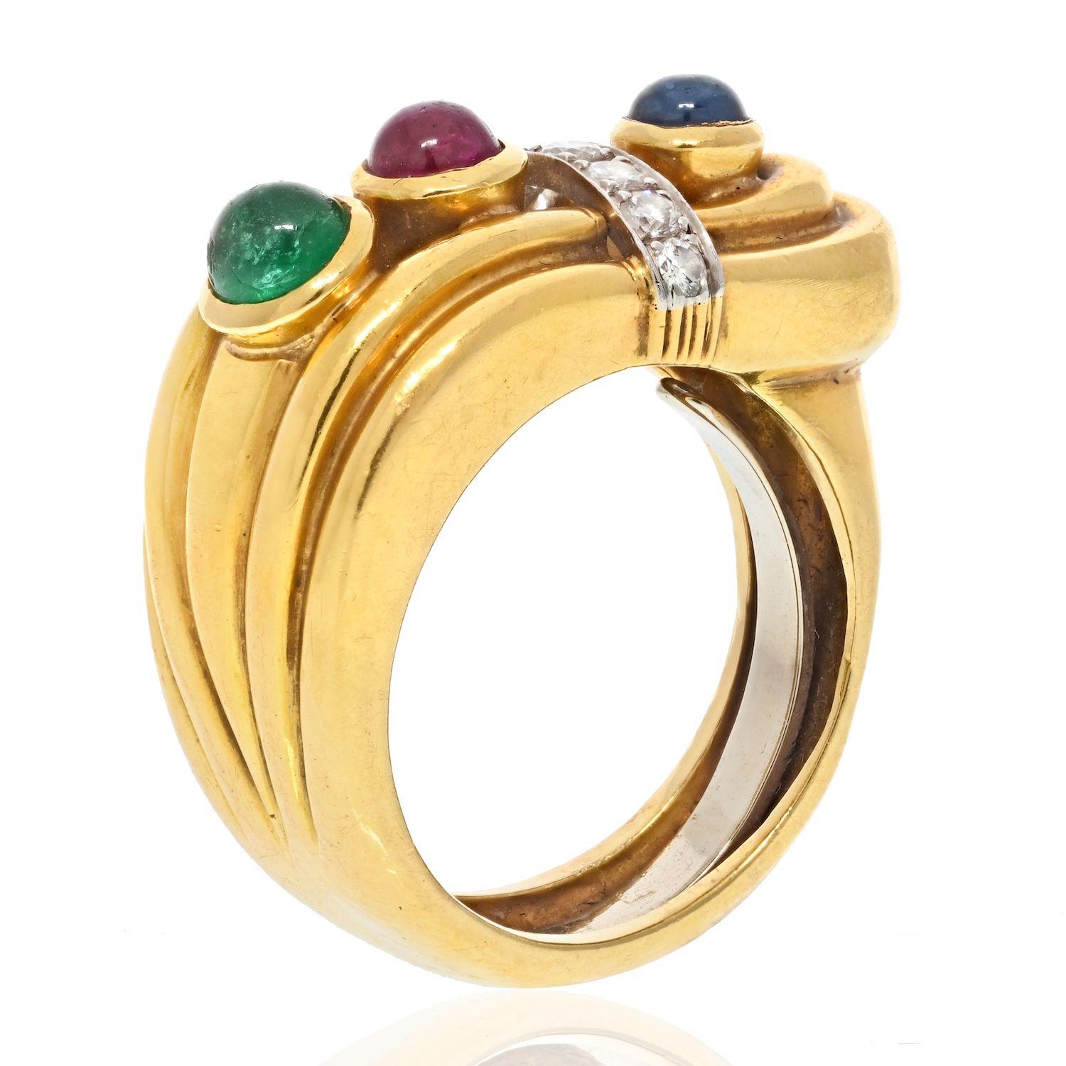 Modern David Webb 18K Yellow Gold Diamond, Sapphire, Ruby And Emerald Buckle Ring For Sale