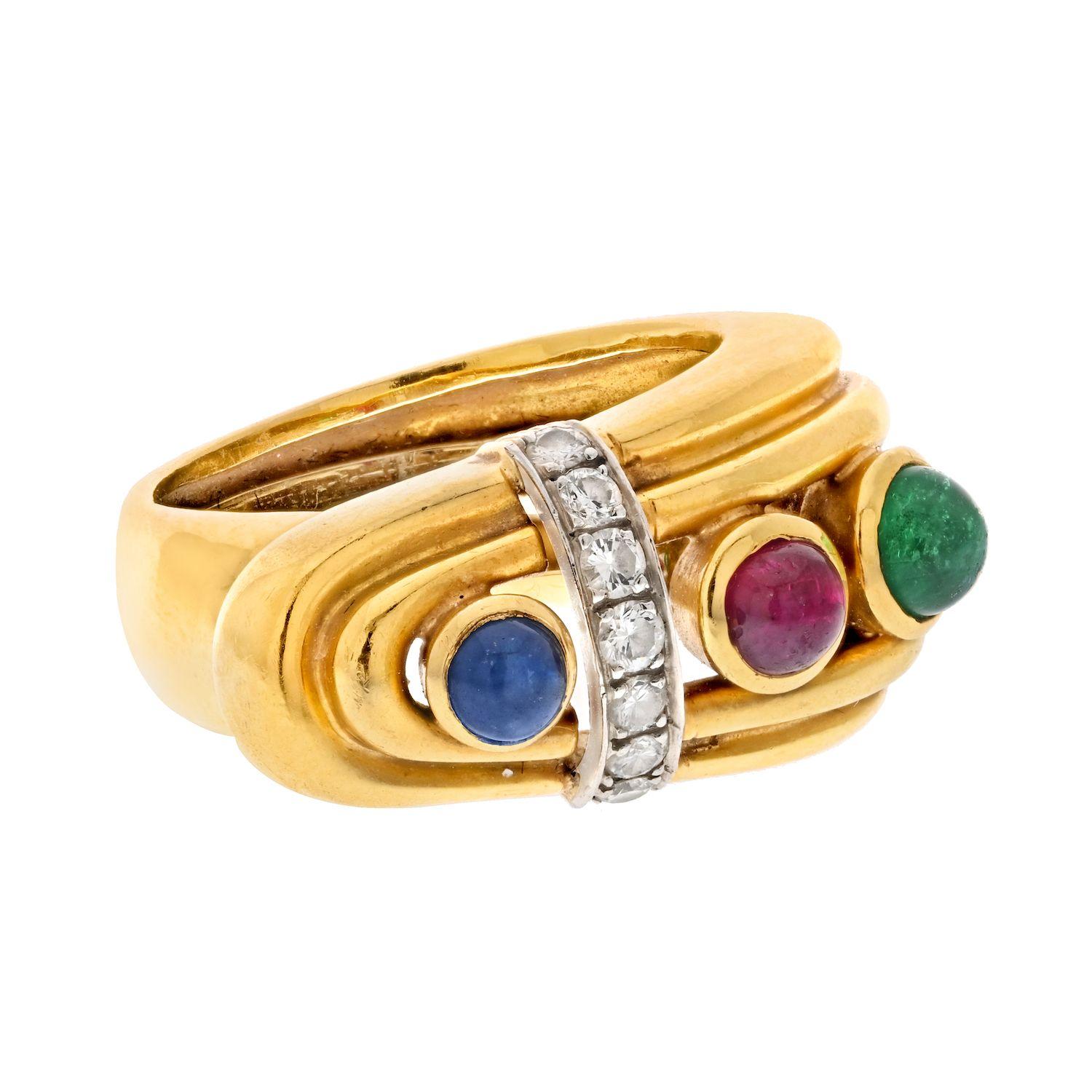 Round Cut David Webb 18K Yellow Gold Diamond, Sapphire, Ruby And Emerald Buckle Ring For Sale