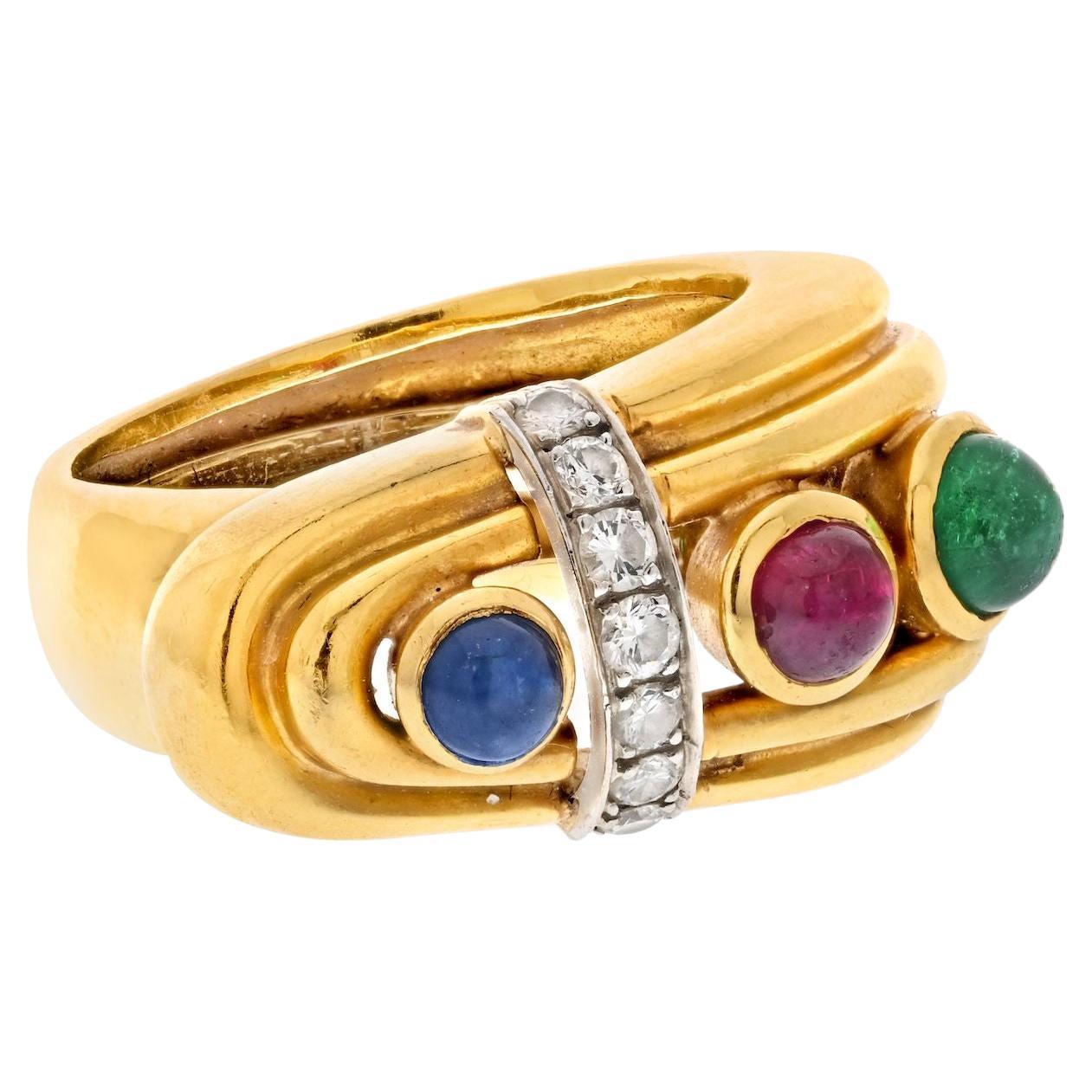 David Webb 18K Yellow Gold Diamond, Sapphire, Ruby And Emerald Buckle Ring For Sale