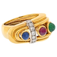 David Webb 18K Yellow Gold Diamond, Sapphire, Ruby And Emerald Buckle Ring